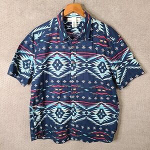 H&M Shirt Mens XL Blue Red Aztec Print Regular Fit Southwestern Button Up Cotton
